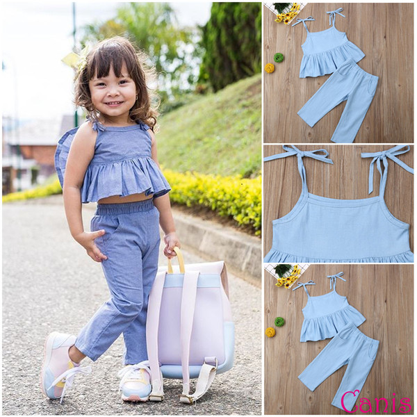 Children Summer Clothing Infant Kids Baby Girl Clothes Halter T-Shirt Tops Ruffled Long Pants 2Pcs Solid Outfit Set 1-6T