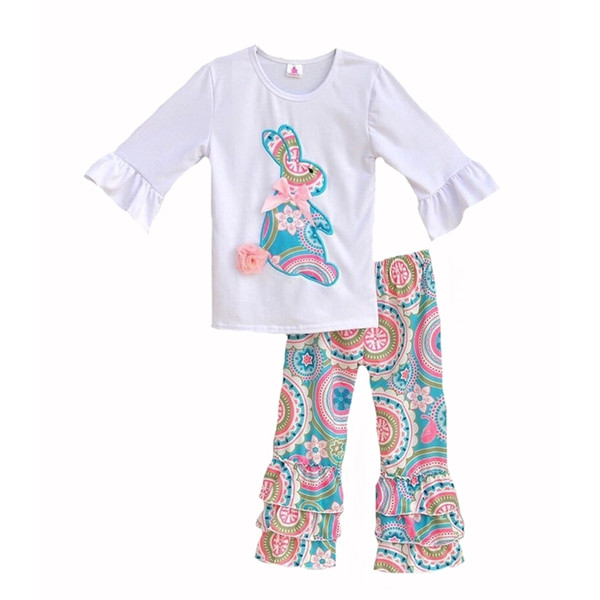 Girls Easter Bunny Pattern Outfits Baby Paisley Knit Cloth Set Kids Animal Print Shirts & Ruffle Bell Pants Leggings Y190518