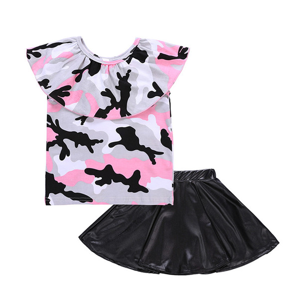 Baby girls outfits children Camouflage Off Shoulder top+PU leather skirts 2pcs/set 2018 summer suits Boutique kids Clothing Sets C4088