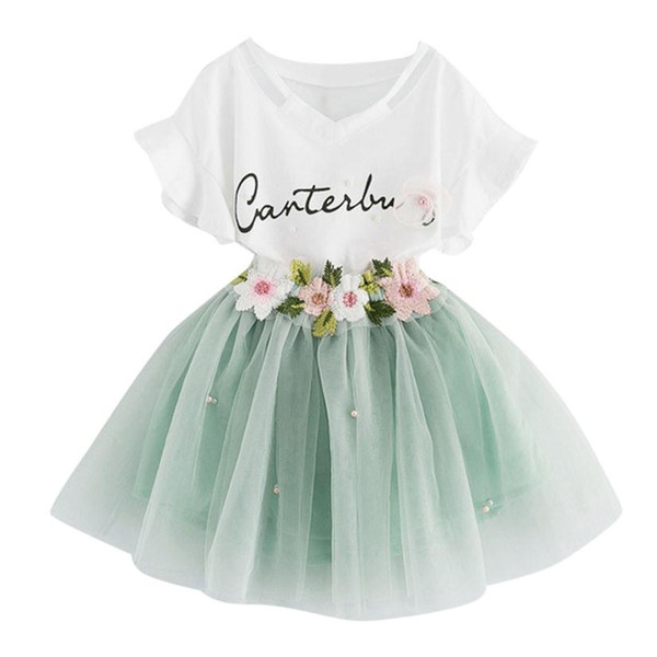 Kids Baby Girls Letters Printing Outfit Clothes Short Sleeve T-Shirt Tops+Floral Lace Tutu Skirt 2pcs Set Toddler Summer Clothing Sets