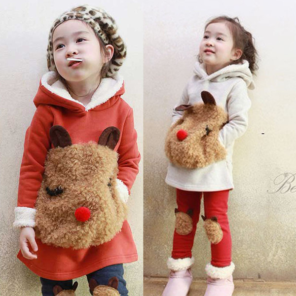 2Pcs Girls Clothes Cartoon Rudolf Warm Sweater + Cute Rudolf Pants Winter Christmas Children Clothing Kids Hooded Coat Clothes V191115