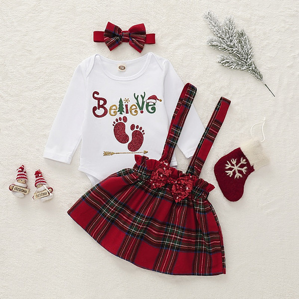 Vieeoease Christmas Baby Girls sets Long Sleeve Letter Romper + Plaid Bow Skirt + Headband Kids Clothing for 2019 Autumn Winter CC-615