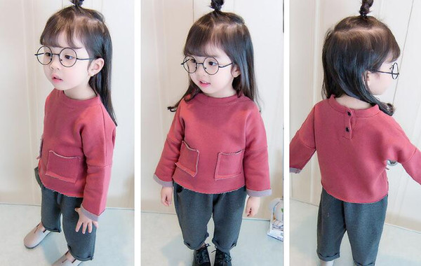 Girls Solid Color Set 2018 Autumn New Medium and Small Children Long Sleeve Two-piece Baby Korean Set