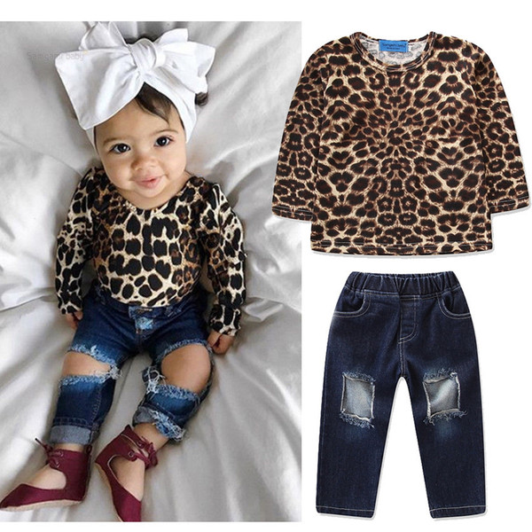 INS Baby girls outfits children Leopard print top+Holes Denim pants 2pcs/set fashion 2019 Spring Autumn kids Clothing Sets C210