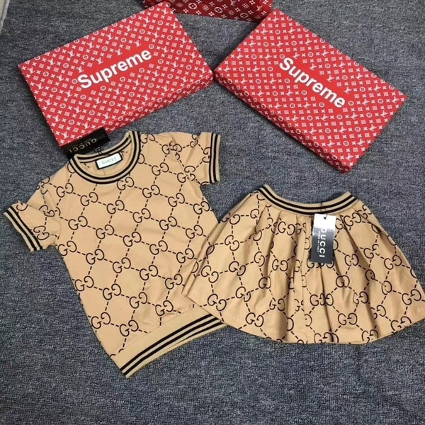 Designer Luxury Girl Suit Summer Korean Children tutu Dress Short Sleeve Child Stripe Dress baby girls autumn clothing sets set 092006