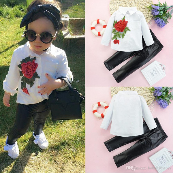 1-6 years High quality Kids Clothes Set Girl baby spring autumn Long Sleeve Fashion embroidery Shirt PU Pants B261