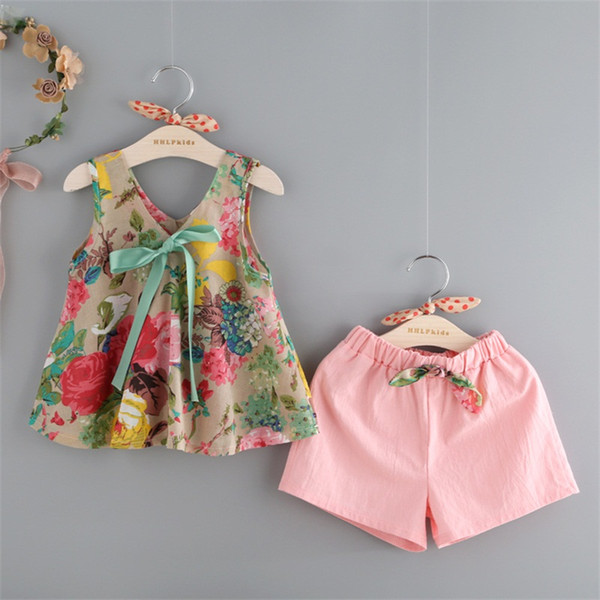 Baby clothes floral Bow top+shorts 2pcs/set girls outfits children suits kids summer floral clothes C2327