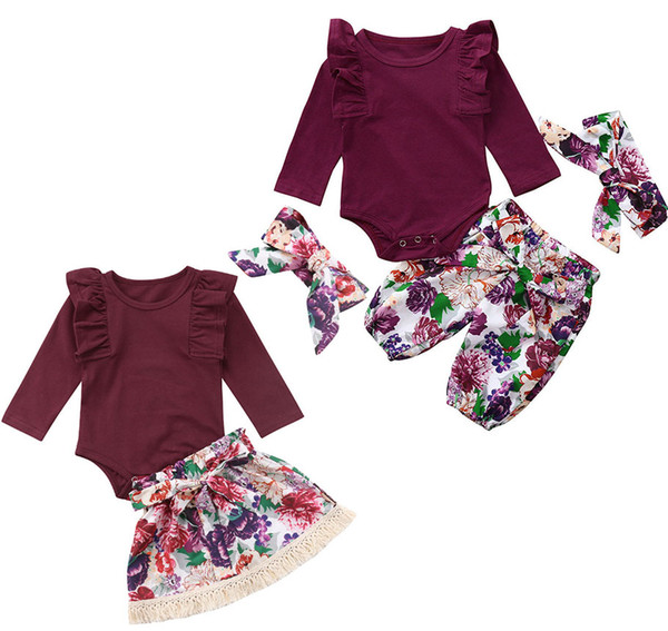Kids Clothing Sets Baby Ruffle Romper Tops + Floral Pants or Tassel Flower Skirt + Floral Bow Headband 3pcs/set Outfits Child Clothes M760