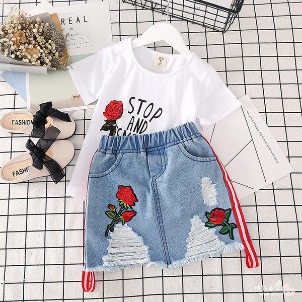 Kids Clothes White T-shirt Denim Skirt 2pcs Girls Suits 2019 New Summer Casual Little Girl Outfits Letter Flower Children Set