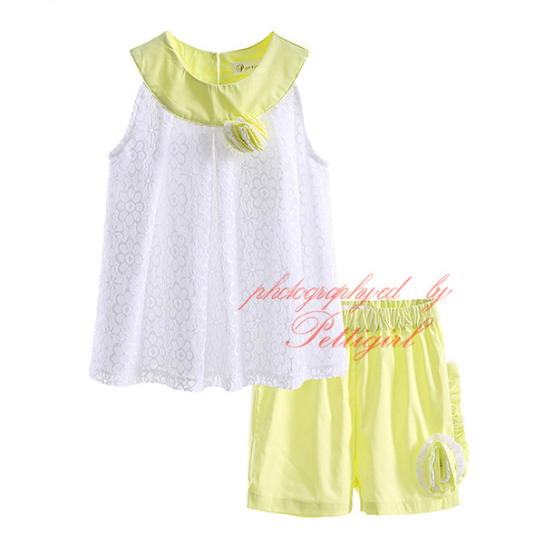 Pettigirl Fashion Flower Clothing Set for Girls 2016 Summer Sleeveless White Tops and Yellow Shorts Baby Girls Clothes DMCS81207-18L