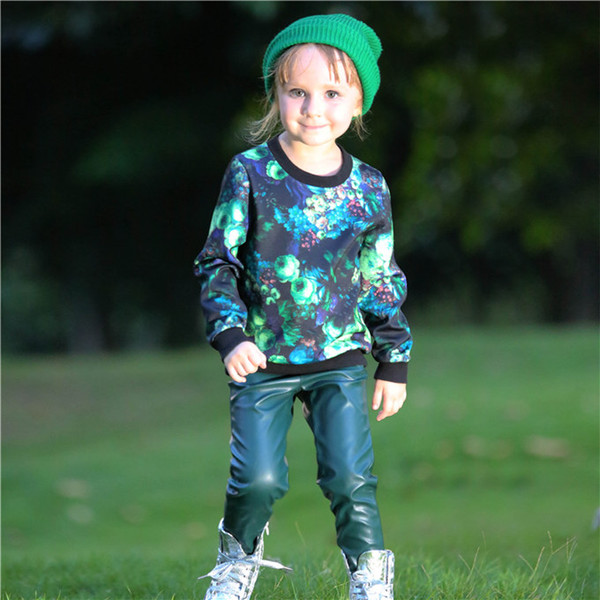 Pettigirl Retail Baby Girls Clothing Set Floral Child Outfits With Print Pattern Top And Leather Pants For Fall Kids Clothing CS80728-33F