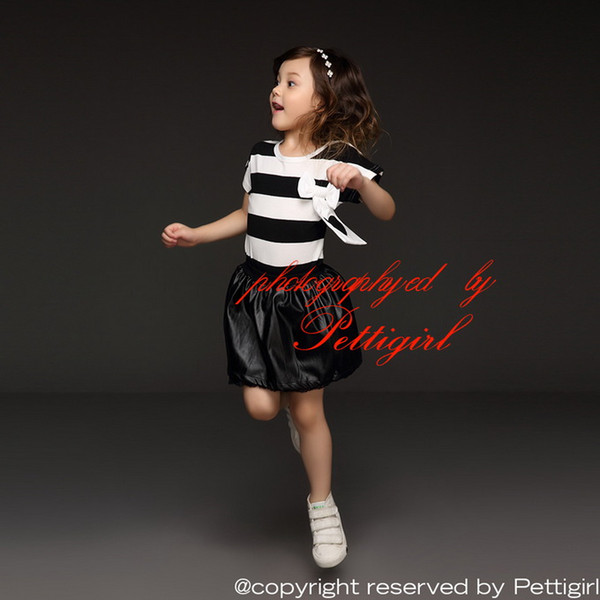 Pettigirl 2016 Summer Girl Clothing Sets Striped Shirts and Black PU Lace Skirt For Kids Suits Children Wear CS41207-01