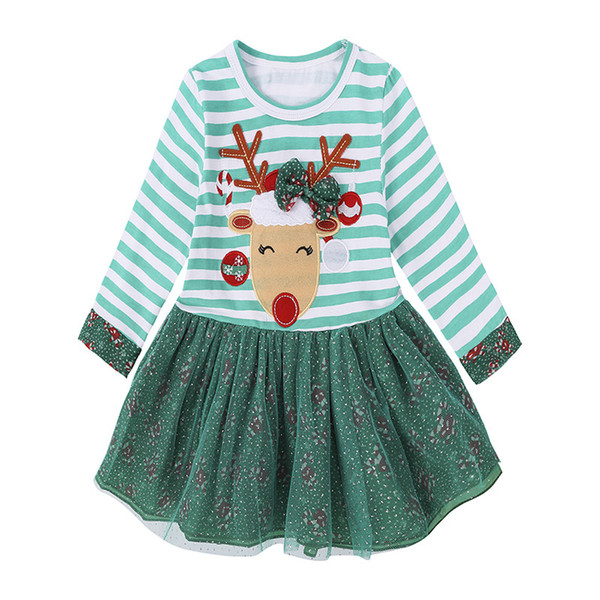 New Baby Girls Christmas Dresses Party Cosplay Costume Princess Deer Elk Dress Stripe Long Sleeve Tulle Bow Bubble Skirt