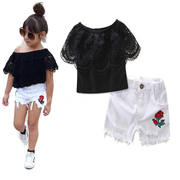 DHL Girls INS lace Suits Children fashion summer Lace sleeve T-shirt Rose flower short skirt 2 pieces set suit Baby kids clothing Z11
