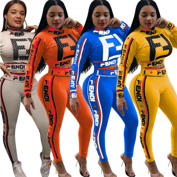 Women F Letter Tracksuit 4 Colors Long Sleeve Hoodies Pants 2pcs/Set Crop Tops Leggings Outdoor Sports Sportswear Girls Clothing Set OOA6525