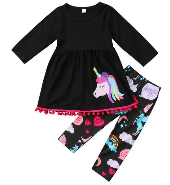 2017 FALL Winter Unicorn children cotton suit baby forest animal girls 2 pieces long sleeves pants boutique clothes kids