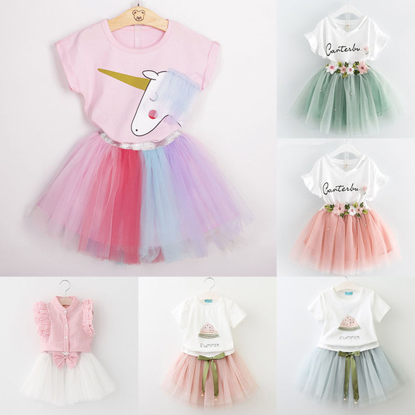 Baby girls lace skirts outfits girls Letter print top+flower tutu skirts 2pcs/set summer Baby suit Boutique kids Clothing Sets 7styles C3863