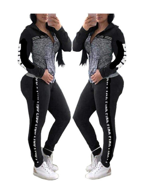 Letter Pink Women Victoria Sports Suit Pants Hoodies Set Hooded Long Sleeve Zipper Sweater Sweatshirt Leggings Secret Tracksuit V&S Fashion