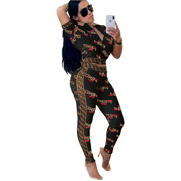 Letter Printed F Tracksuit Women Crop Zipper T shirt Top Pants Leggings Tights Summer Outfits 2 Piece Sportswear Sport Suit Set HOT C434