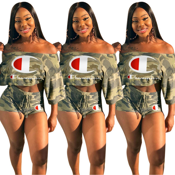 C Letter Printed Tracksuits Camo Off Shoulder Tank Crop Top Shorts 2pcs/set Half Sleeve Outfits Set OOA6743