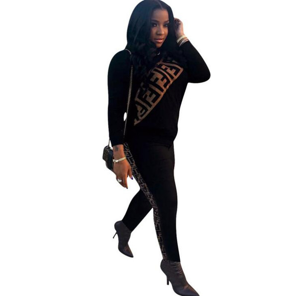 F Letter Printed Tracksuit Women Long Sleeve Hoodies Pants 2pcs/Set Sweatshirt Pencil Long Pants Sport Suit OOA6569