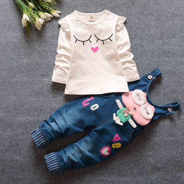 good quality children clothing set spring autumn long sleeve top+bib pants 2pcs clothing girls fashion cotton cartoon clothing sets