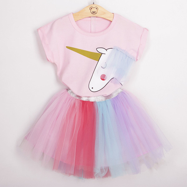 Baby unicorn 2018 new Boutique kids Clothing sets outfits INS children print top+rainbow TUTU lace skirts 2pcs/set cartoon girls suits