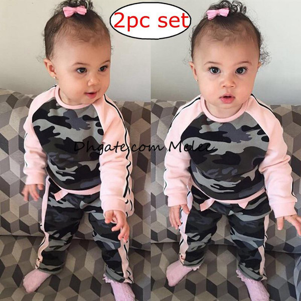 NEW Spring kids Girls camouflage Pink t-shirt top tees + girls camo pants shorts two-piece sprots sets for girls free shipping