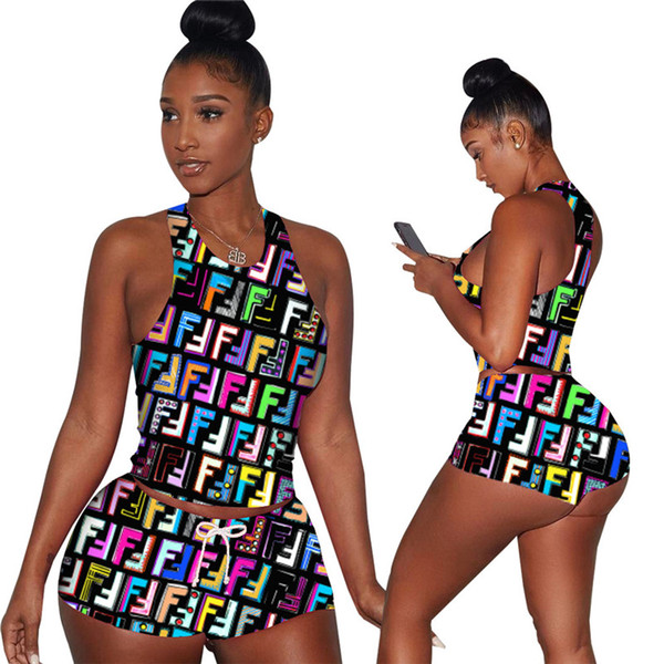 Women F Letter Camisole Sets summer sleeveless T-Shirt + shorts tracksuit Sweatsuit outfit clothes shorts 2 Piece/Set Sportswear sale A3191