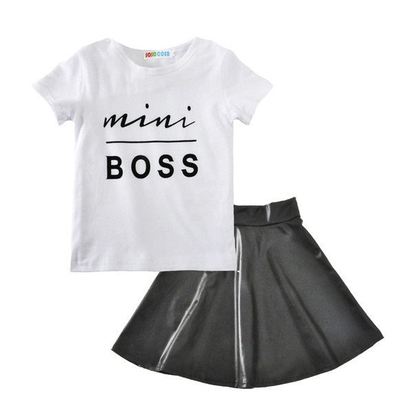 Baby girls outfits 2018 summer kids Boss letter T-shirt+PU skirt 2pcs/set cotton Boutique children Clothing Sets H001