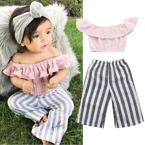 Kid Baby Girl Pink Off Shoulder Tops T-Shirt + Striped Bell-bottom Trousers 2Pcs Outfits Fashion Summer Kids Girls Clothing Boutique Costume