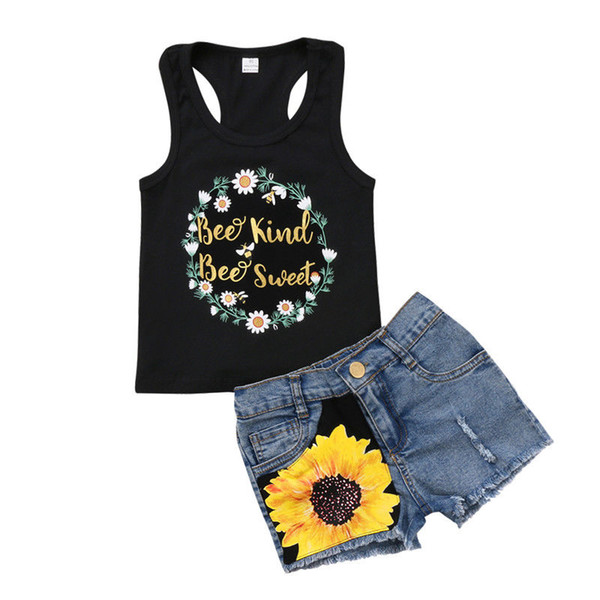 2019 Summer Kids Girls Flower Vest Denim Shorts 2Pcs set Outfits Kid Casual Clothes Sweet Girls Sunflower Boutique Costume Clothing 1-5Y