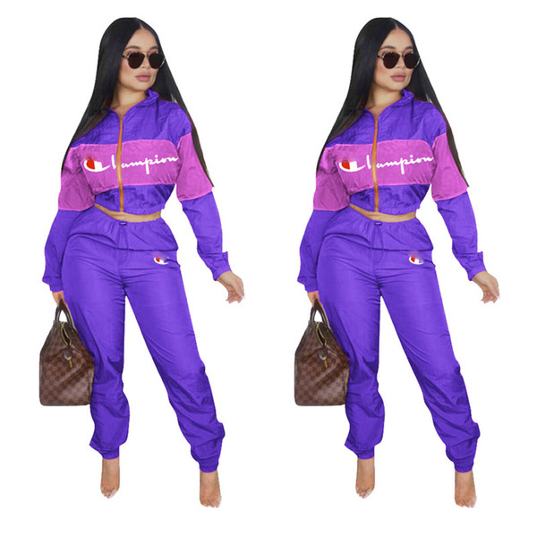 New style Women Tracksuit Two Piece Set Letter Print Long Sleeve Short Hoodies Patchwork Long Pants Cham pion Stand Collar Sportswear