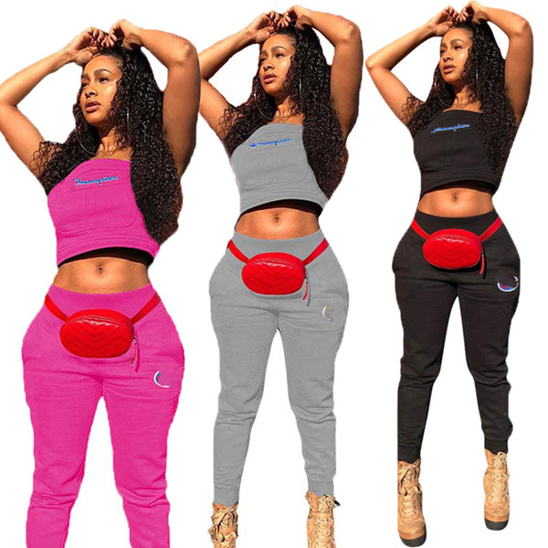 Fashion Champions letter tracksuit women Crop top vest suit Champions girls Sleeveless t-shirts + sports pants 2pcs set outfit sportswear