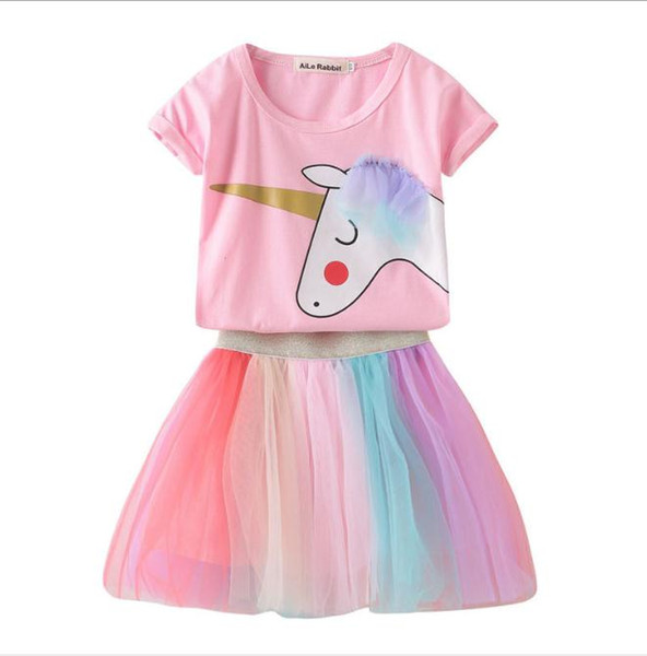 Girls Unicorn Clothing Set Toddler Girls Cotton T-shirts Kids Tulle Rainbow Tutu Skirts Infant Pink Cute Unicorn Shirt Pony Suit