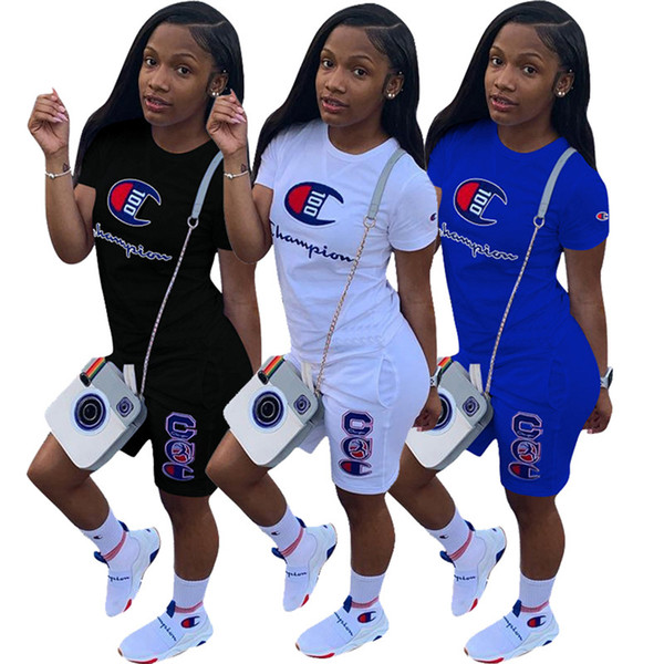 NEW S-3XL Women Champions Emboridery Letters Tracksuit Short Sleeve T-shirt Top + Shorts Pants 2 Piece Set Outfit Casual Sportswear Suit