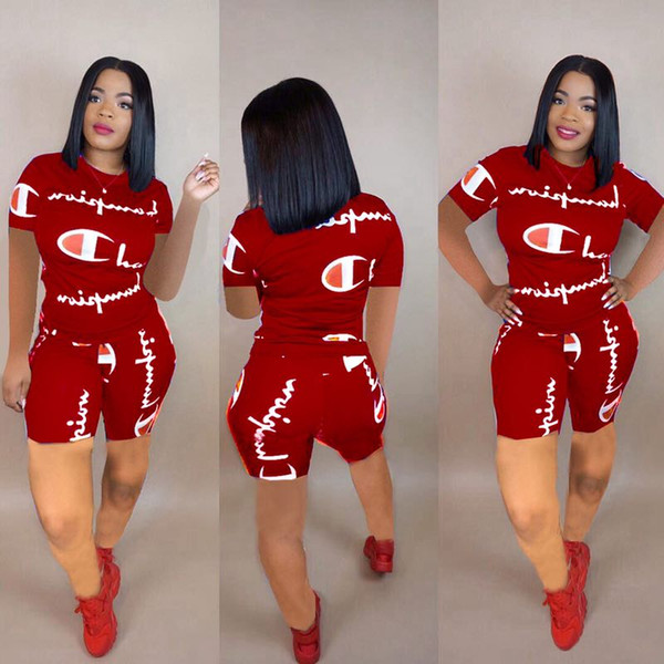 Women Champions Letter Summer Short Suit Short Sleeve T-shirt Top tees + Shorts Pants Two Piece Set Tracksuit Jogger Gym Outfit S-2xl