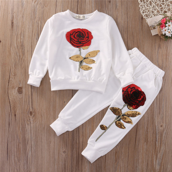 Kids Girl Clothes Designer Girls Tracksuit Boutique Kids Clothing Rose Sequin Print Hoodies Pant Toddler Girl Clothing Set 3-7Y Y1892707