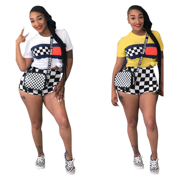 Summer Women Shorts Suit Black And White Grid Tracksuit Short Sleeve T shirt Shorts 2 Piece Outfits Plus Size Sportswear Street Set B3181