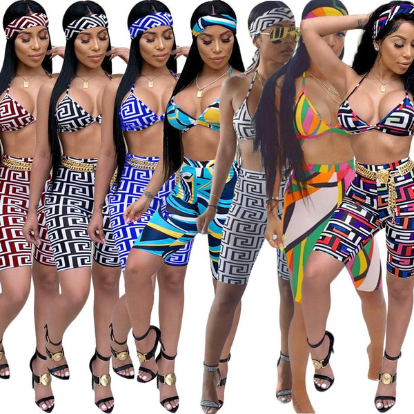 2019 Summer Brand Bikini Swimsuit Women designer sexy swimwear Bathing Suits Headband Bra Shorts 3 pcs Set swimming sportswear