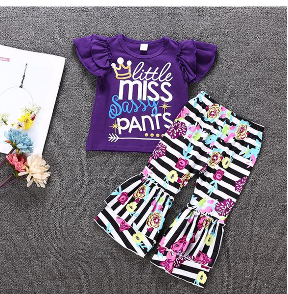 kids toddler 2pcs ruffled purple set 2 layers sleeve little miss sassy pants boutiuque children girls outfits B11