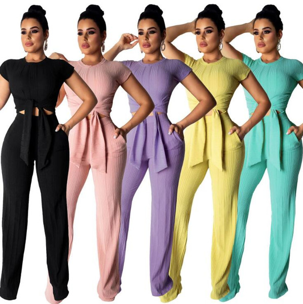Women Tracksuit Short Sleeve Shirt Wide Leg Pants Crop Tops Casual Suit Outdoor Sports Office Slim 2pcs Clothing Set OOA6563