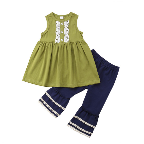 2019 Kid Baby Girls Lace Green Top Navy Bellbottoms 2pcs set Oufit Sleeveless Summer Baby Girls Clothing Toddler Fashion Boutique Costume
