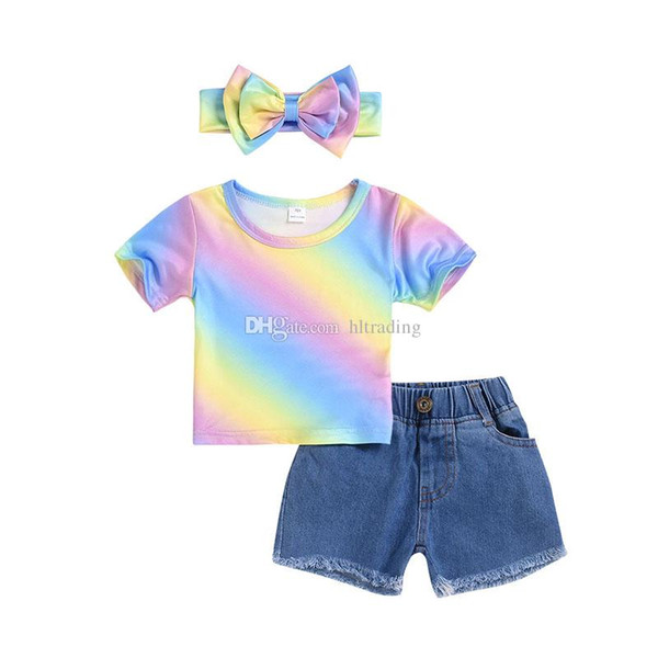 Baby girls outfits Children rainbow top+Denim shorts with Bow headband 3pcs/set 2019 summer fashion kids Clothing Sets C6073