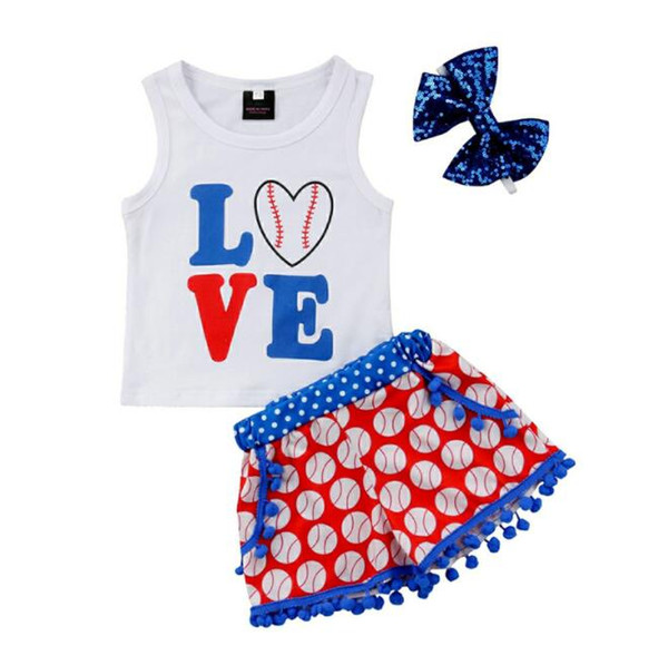 Baby Baseball Clothing Sets Kids Sleeveless LOVE Letter Print monogrammed shorts Shirt pants for Independence Day 3pc/set BY0991