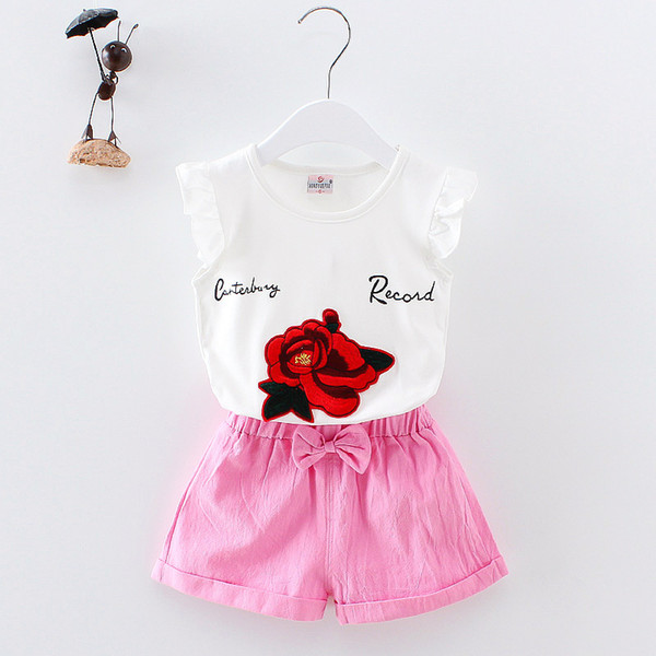 2019 Summer Children Girls Clothes Sets Kids 2pcs Rose Flower Sleeves T-Shirt Shorts Toddler Child Clothing Leisure Sport Suits