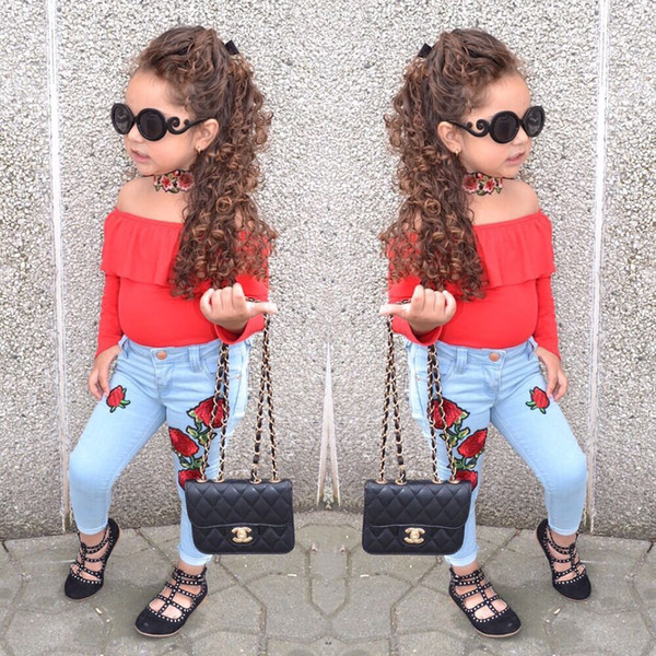 Kids Clothing Set Off Shoulder Top Spring Autumn Baby Clothes for Girls Outfits Toddler Fashion Tshirt Rose Denim Pants