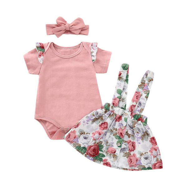 Baby girls suspender Skirt outfits romper tops+Floral print strap dress with headband 3pcs/set 2019 summer fashion kids Clothing Sets