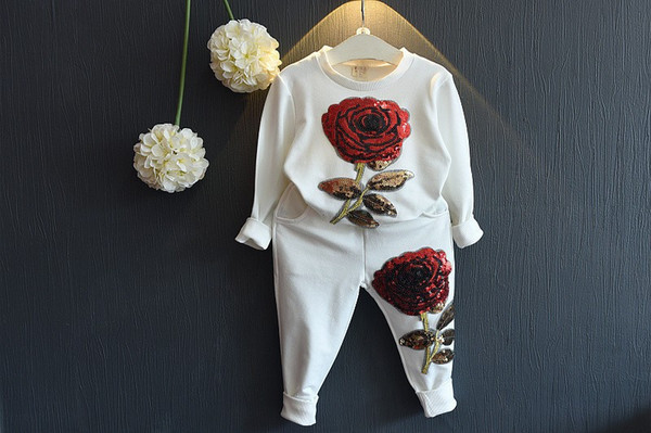 Kids Clothes Designer Girls Tracksuit 2016 Boutique Kids Clothing Rose Sequin Print Toddler Girl Clothing Set (Coat+Pants) 3-7Y