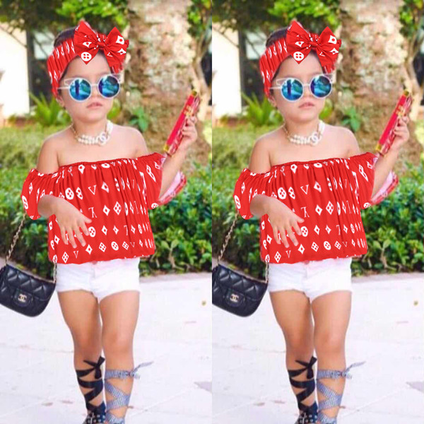 Kids Summer Girls Clothing Sets Off Shoulder Top + Hole White Short Pants + Hairband Girls Clothes set Children Clothes